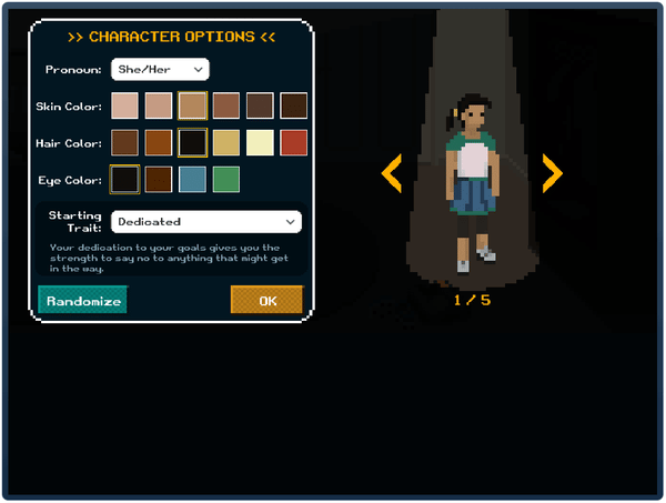 Pixelton Adventures character customization screen.