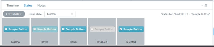 States Panel showing states on a button including normal, hover, down, disabled, and selected.