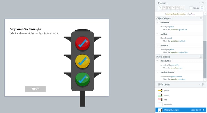 Example of slide with interactive stoplight. Each stoplight color has a different layer