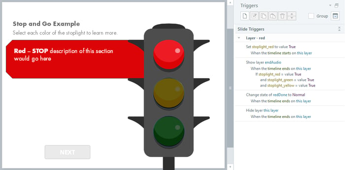 Red layer and its triggers. The yellow and green sections are darkened so they are not the focus.