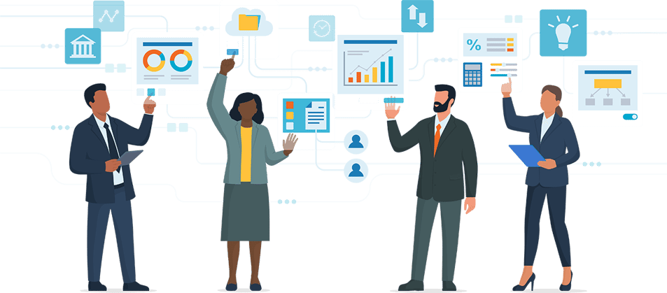 Avatars interacting with various reporting tools.