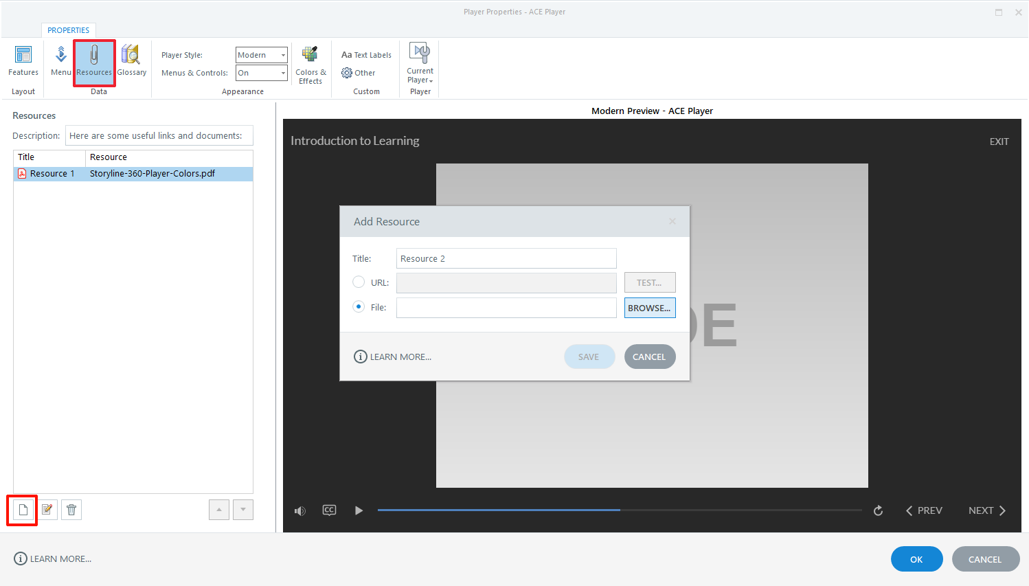 Storyline 360 adding resources