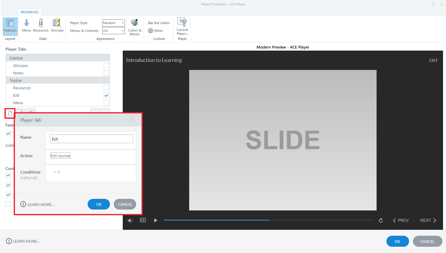 Storyline 360 Exit course button