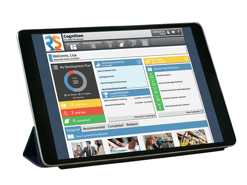 Student Dashboard on Cognition Learning Management System with training development plan, announcements, leaderboards, and student curriculum.