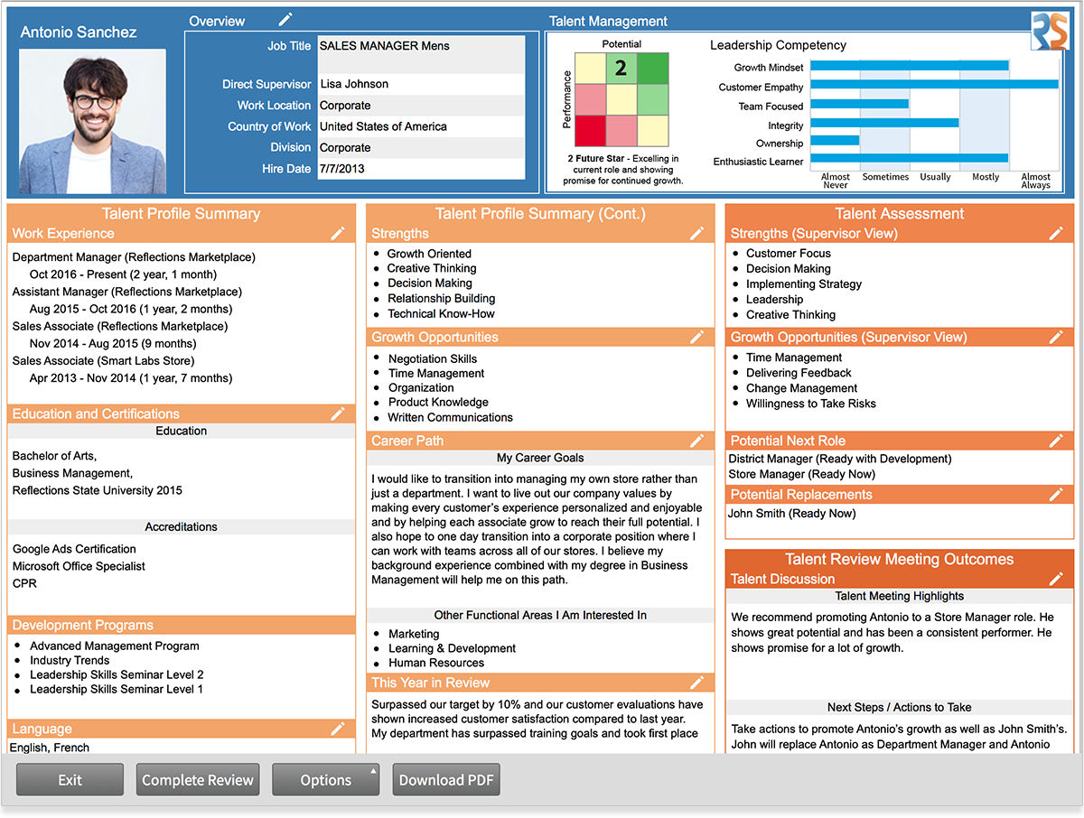 Talent Profile showing Associate talent information, supervisor, and HR reviews.