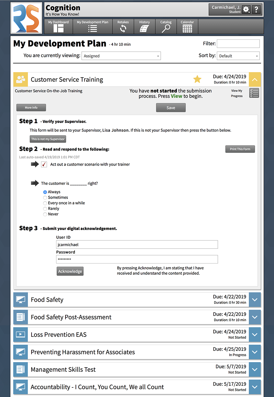 Student Development Plan on Cognition Learning Management System with On the Job Training module, eLearning, tests, and other learning modules.